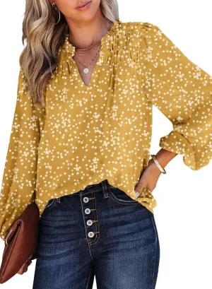 Dokotoo Women's Casual V Neck Alicia Floral Print Smocked Long Sleeve Chiffon Blouses Bohemian Top Shirts