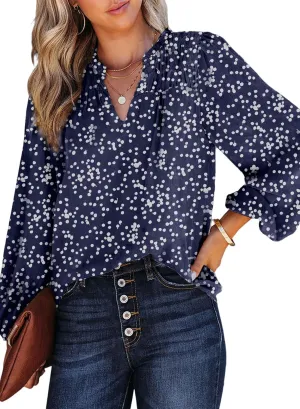 Dokotoo Women's Casual V Neck Alicia Floral Print Smocked Long Sleeve Chiffon Blouses Bohemian Top Shirts