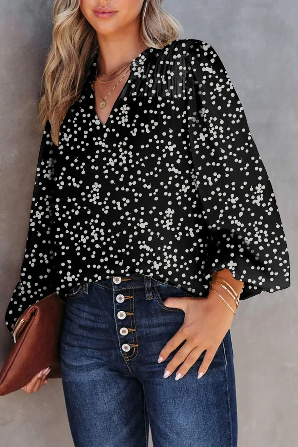 Dokotoo Women's Casual V Neck Alicia Floral Print Smocked Long Sleeve Chiffon Blouses Bohemian Top Shirts