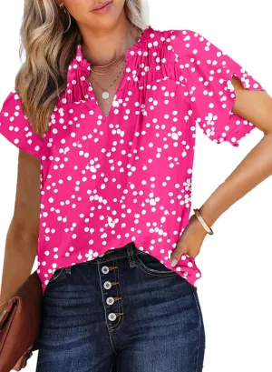 Dokotoo Women's Casual V Neck Alicia Floral Print Smocked Short Sleeve Chiffon Blouses Bohemian Top Shirts