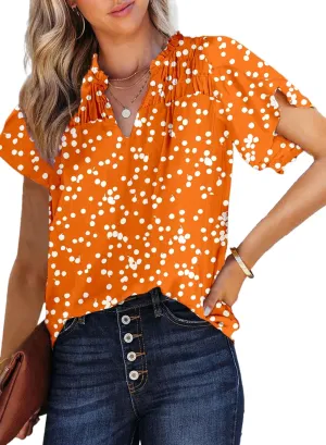 Dokotoo Women's Casual V Neck Alicia Floral Print Smocked Short Sleeve Chiffon Blouses Bohemian Top Shirts