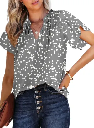Dokotoo Women's Casual V Neck Alicia Floral Print Smocked Short Sleeve Chiffon Blouses Bohemian Top Shirts