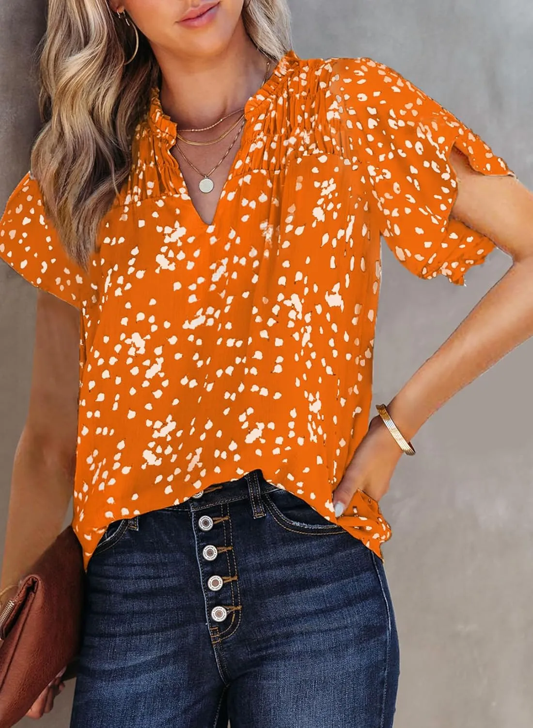 Dokotoo Women's Casual V Neck Alicia Floral Print Smocked Short Sleeve Chiffon Blouses Bohemian Top Shirts