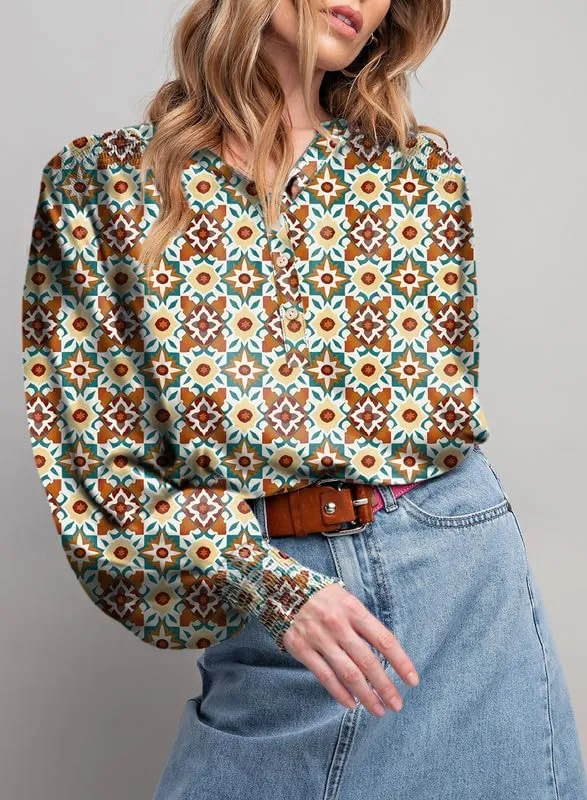 Dokotoo Women's Casual V Neck Easel Floral Print Long Sleeve Blouses Smocked Button Down Shirts Bohemian Top