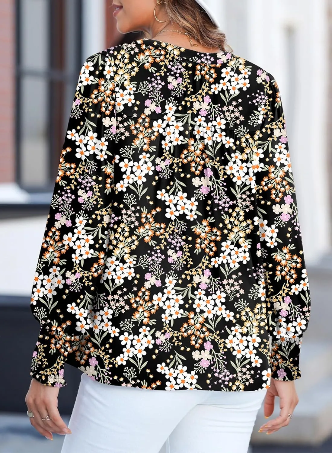 Dokotoo Women's Casual V Neck Easel Floral Print Long Sleeve Blouses Smocked Button Down Shirts Bohemian Top