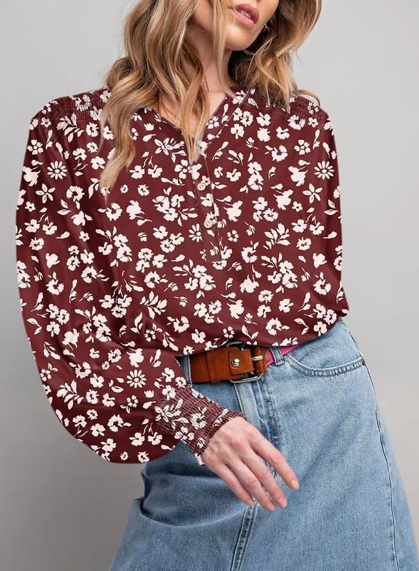 Dokotoo Women's Casual V Neck Easel Floral Print Long Sleeve Blouses Smocked Button Down Shirts Bohemian Top