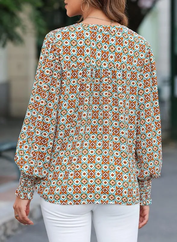 Dokotoo Women's Casual V Neck Easel Floral Print Long Sleeve Blouses Smocked Button Down Shirts Bohemian Top