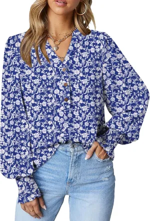 Dokotoo Women's Casual V Neck Easel Floral Print Long Sleeve Blouses Smocked Button Down Shirts Bohemian Top