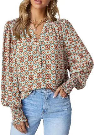 Dokotoo Women's Casual V Neck Easel Floral Print Long Sleeve Blouses Smocked Button Down Shirts Bohemian Top