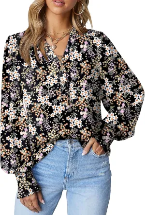 Dokotoo Women's Casual V Neck Easel Floral Print Long Sleeve Blouses Smocked Button Down Shirts Bohemian Top