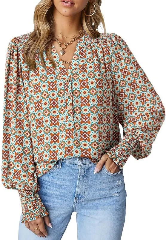 Dokotoo Women's Casual V Neck Easel Floral Print Long Sleeve Blouses Smocked Button Down Shirts Bohemian Top