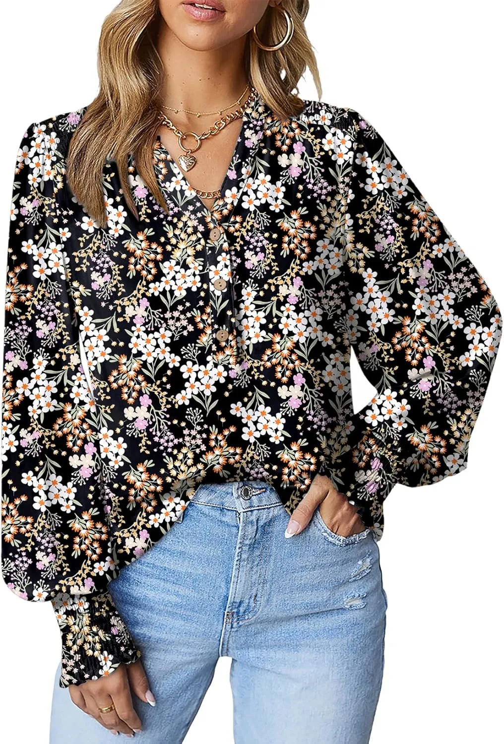 Dokotoo Women's Casual V Neck Easel Floral Print Long Sleeve Blouses Smocked Button Down Shirts Bohemian Top