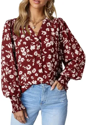 Dokotoo Women's Casual V Neck Easel Floral Print Long Sleeve Blouses Smocked Button Down Shirts Bohemian Top