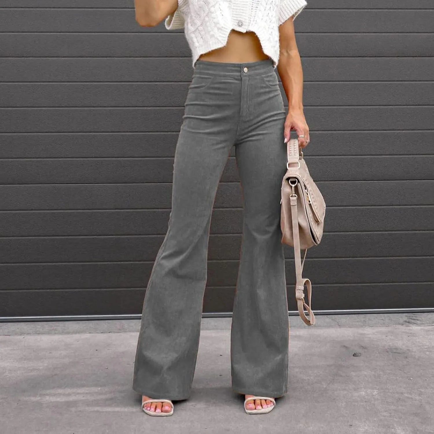 DOLKFU Womens Button Up High Waisted Trousers Flare Bell Bottom Pants Loose Fit Trendy Comfortable Trouser