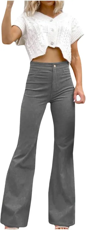 DOLKFU Womens Button Up High Waisted Trousers Flare Bell Bottom Pants Loose Fit Trendy Comfortable Trouser