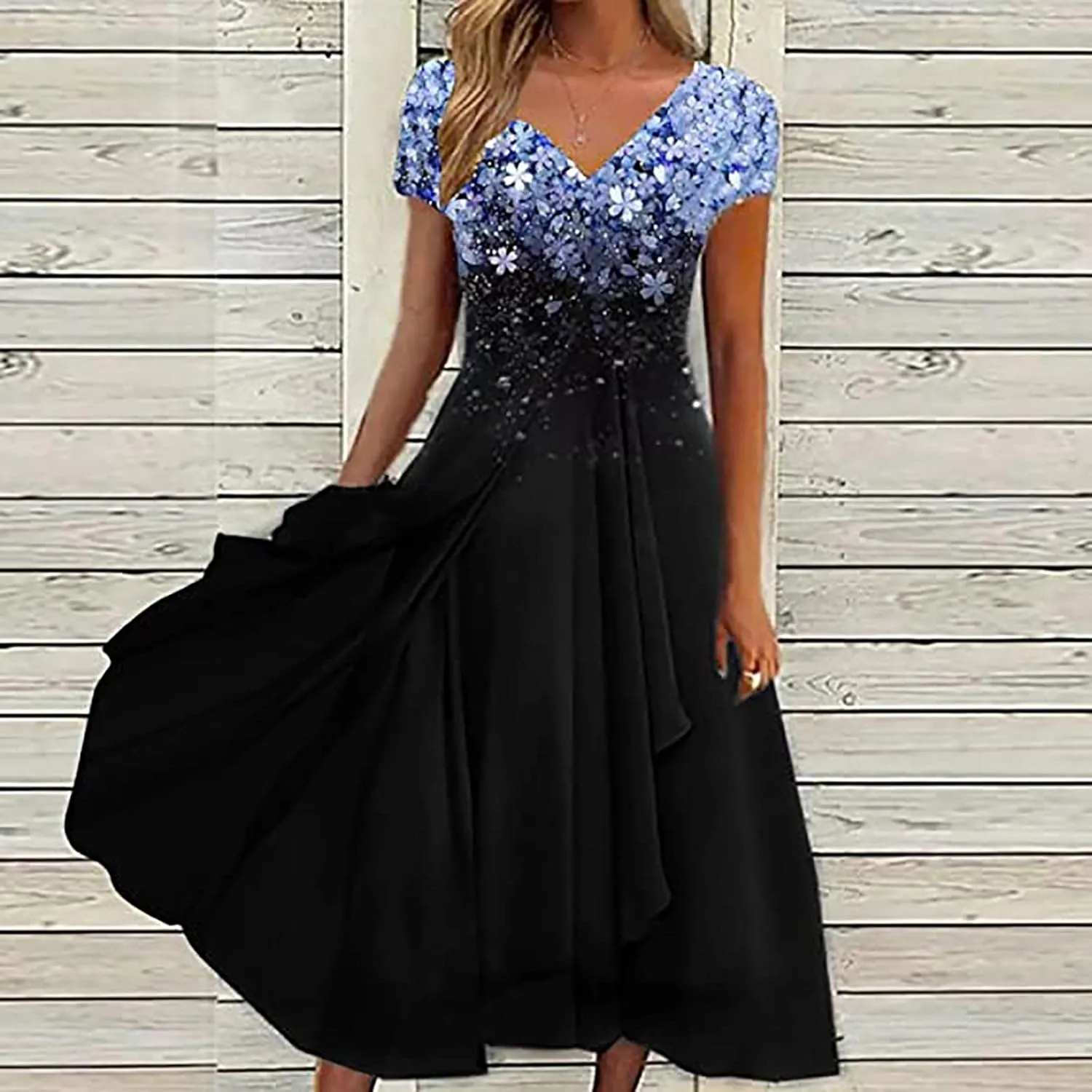 DOLKFU Womens Short Sleeve Casual Midi Dress Cute Flower Graphic Print Sundress Fashion Loose Fit Beach Dresses
