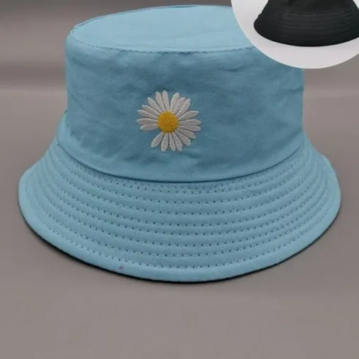 Double-side Unisex Harajuku Bucket Hat Fishing Outdoor Cap women Bucket fishing Hats Sunscreen Daisy embroidery fisherman hat