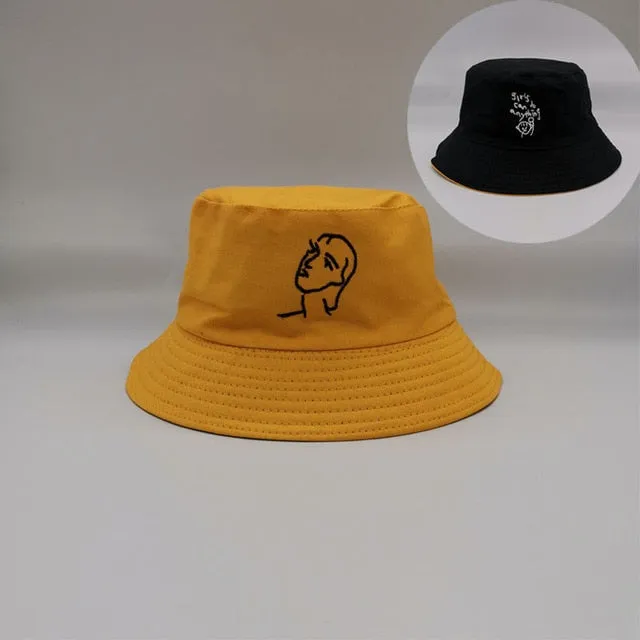 Double-side Unisex Harajuku Bucket Hat Fishing Outdoor Cap women Bucket fishing Hats Sunscreen Daisy embroidery fisherman hat