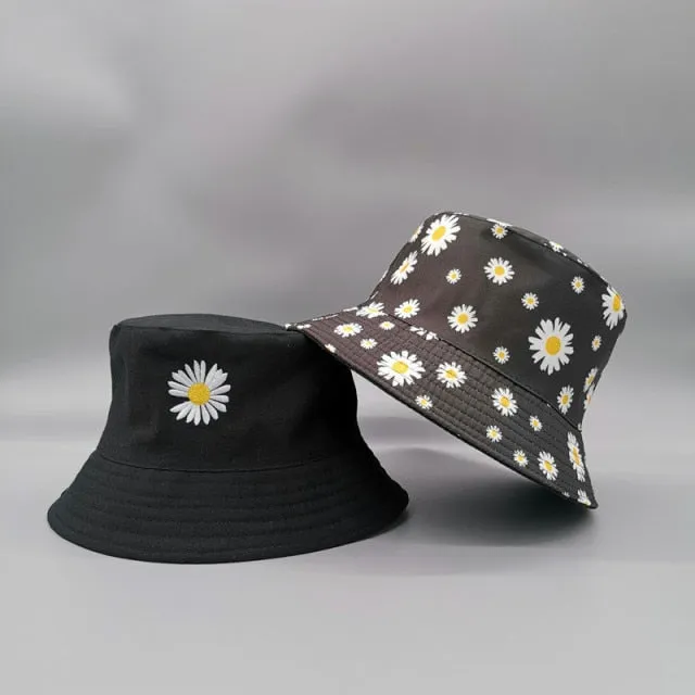 Double-side Unisex Harajuku Bucket Hat Fishing Outdoor Cap women Bucket fishing Hats Sunscreen Daisy embroidery fisherman hat
