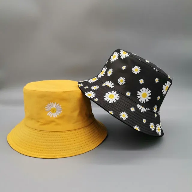 Double-side Unisex Harajuku Bucket Hat Fishing Outdoor Cap women Bucket fishing Hats Sunscreen Daisy embroidery fisherman hat