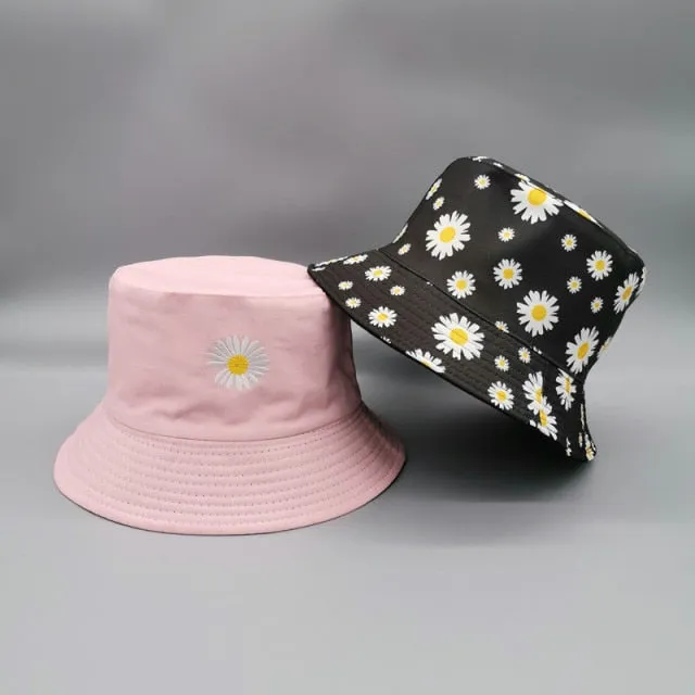 Double-side Unisex Harajuku Bucket Hat Fishing Outdoor Cap women Bucket fishing Hats Sunscreen Daisy embroidery fisherman hat