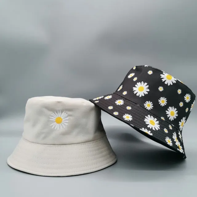 Double-side Unisex Harajuku Bucket Hat Fishing Outdoor Cap women Bucket fishing Hats Sunscreen Daisy embroidery fisherman hat