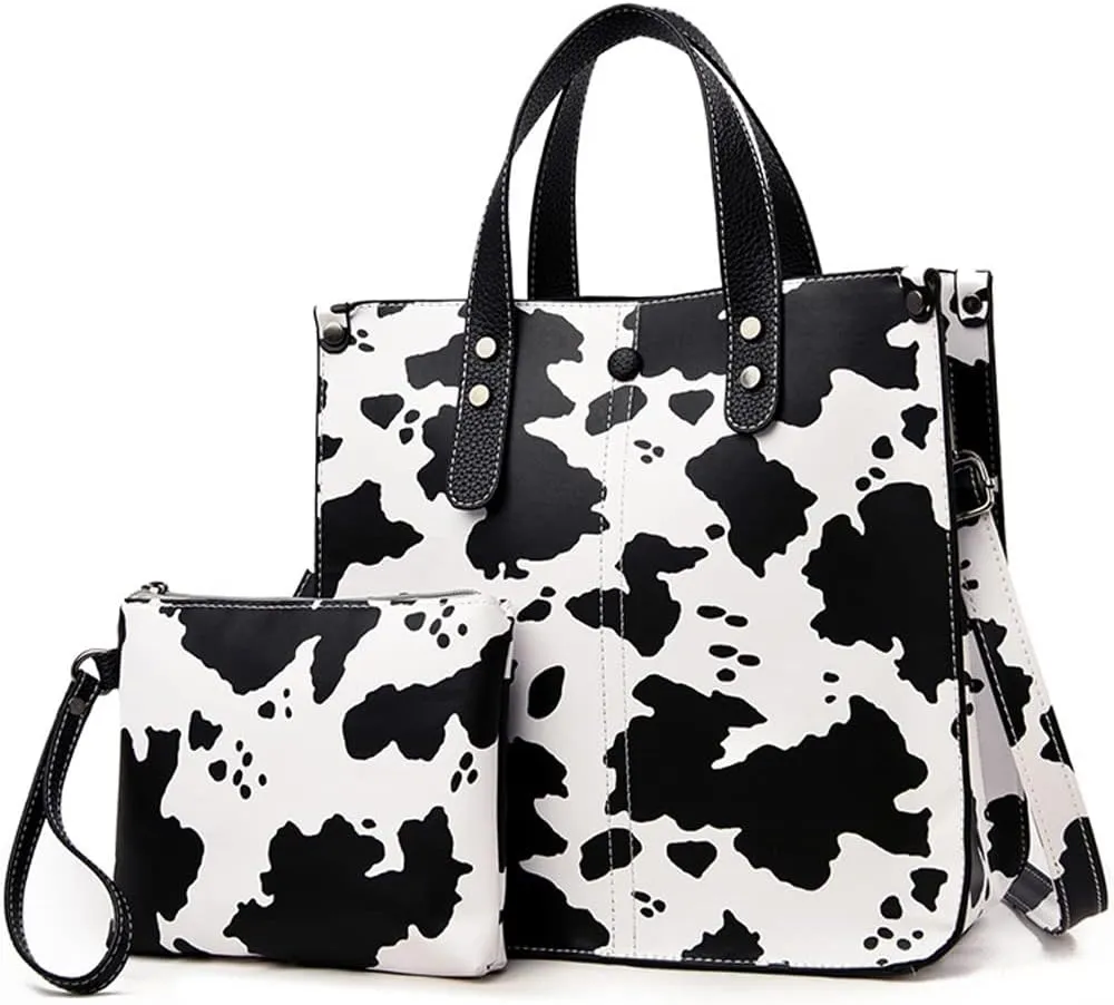 Downupdown Women Handbags and Purse Animal-print Leather Shoulder Bag Satchel Handbag Ladies Tote Bag for Work 2Pcs Set