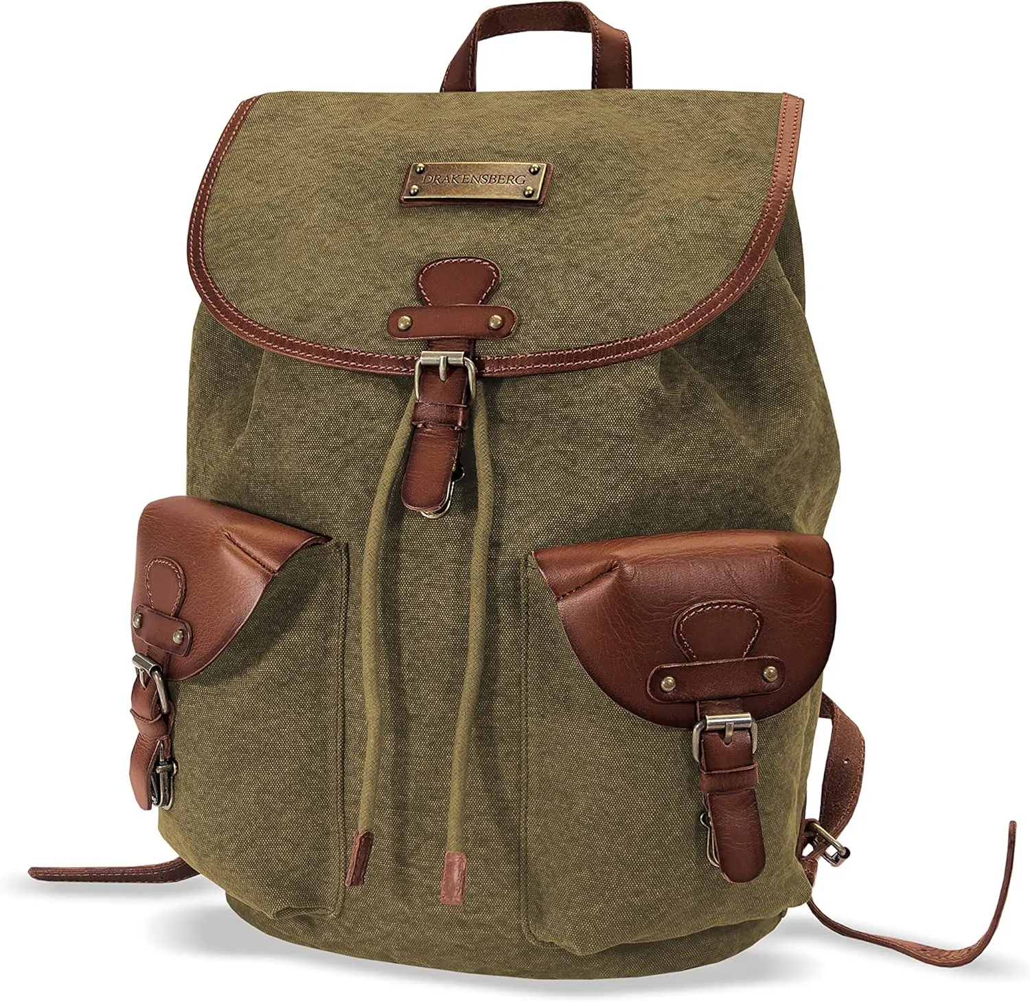 DRAKENSBERG Backpack 'Henrietta' - classy hiking and leisure daypack in retro vintage design, 13" laptop compartment, ladies, men, sustainably handmade, 20L, canvas, leather, olive-green, DR00139