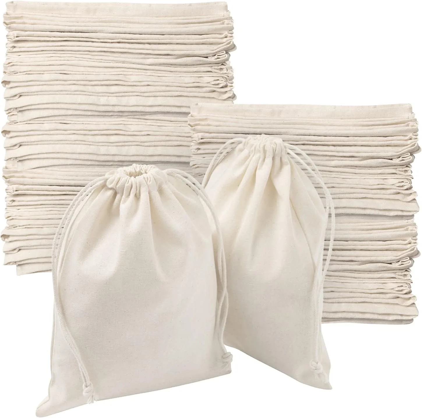 Drawstring Bags 100 Percent Cotton Bulk Wholesale - Pack of 100 - Size 6 x 8 (Natural Cotton - Double Drawstring)