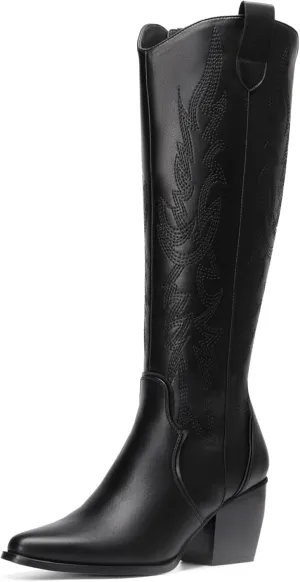 DREAM PAIRS Womens Cowboy Boots Wide Calf Comfortable Pull On Zipper Chunky Heel Pointed Toe Embroidered Western Cowgirl Knee High Boots Girls Ladies Retro Tall Boot