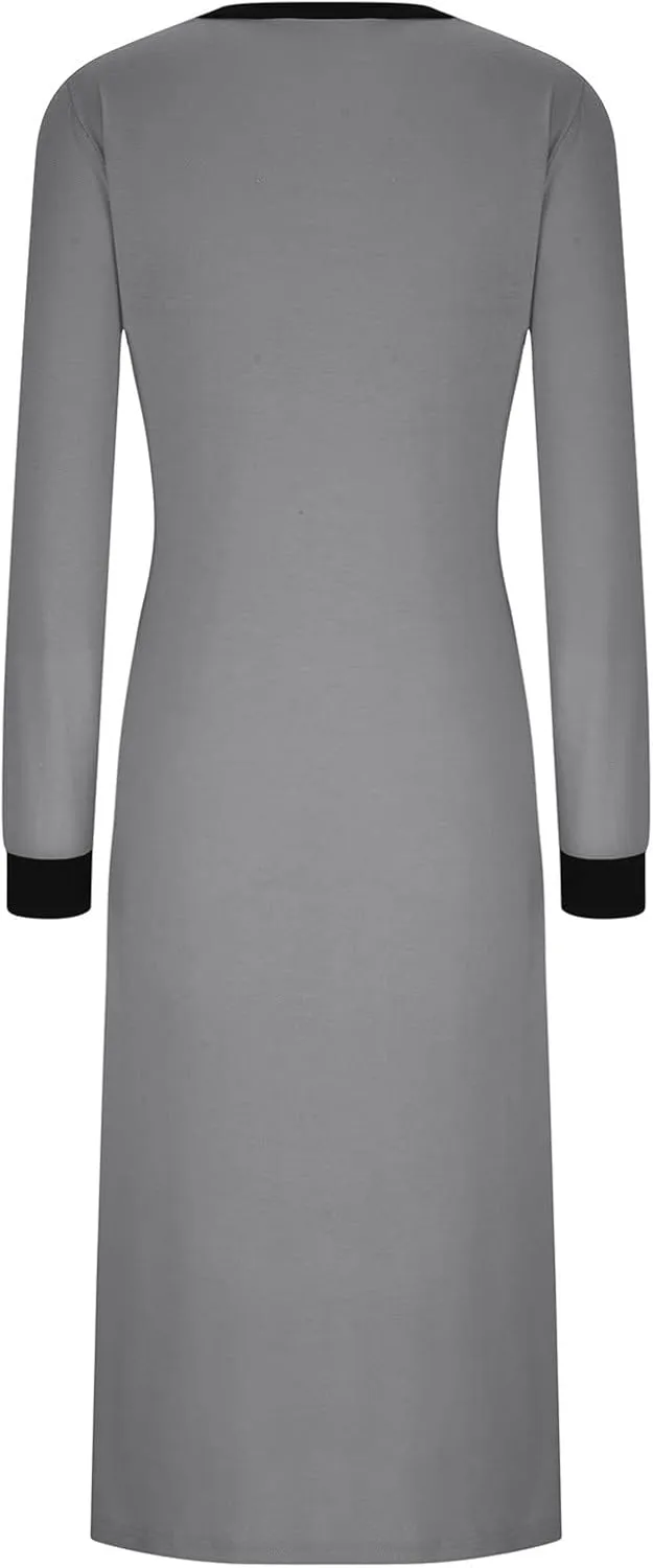 Dresses for Women Casual Loose Long Sleeve Side Slit Sleepwear Crewneck Outfits Color Block Long Dress with Pockets