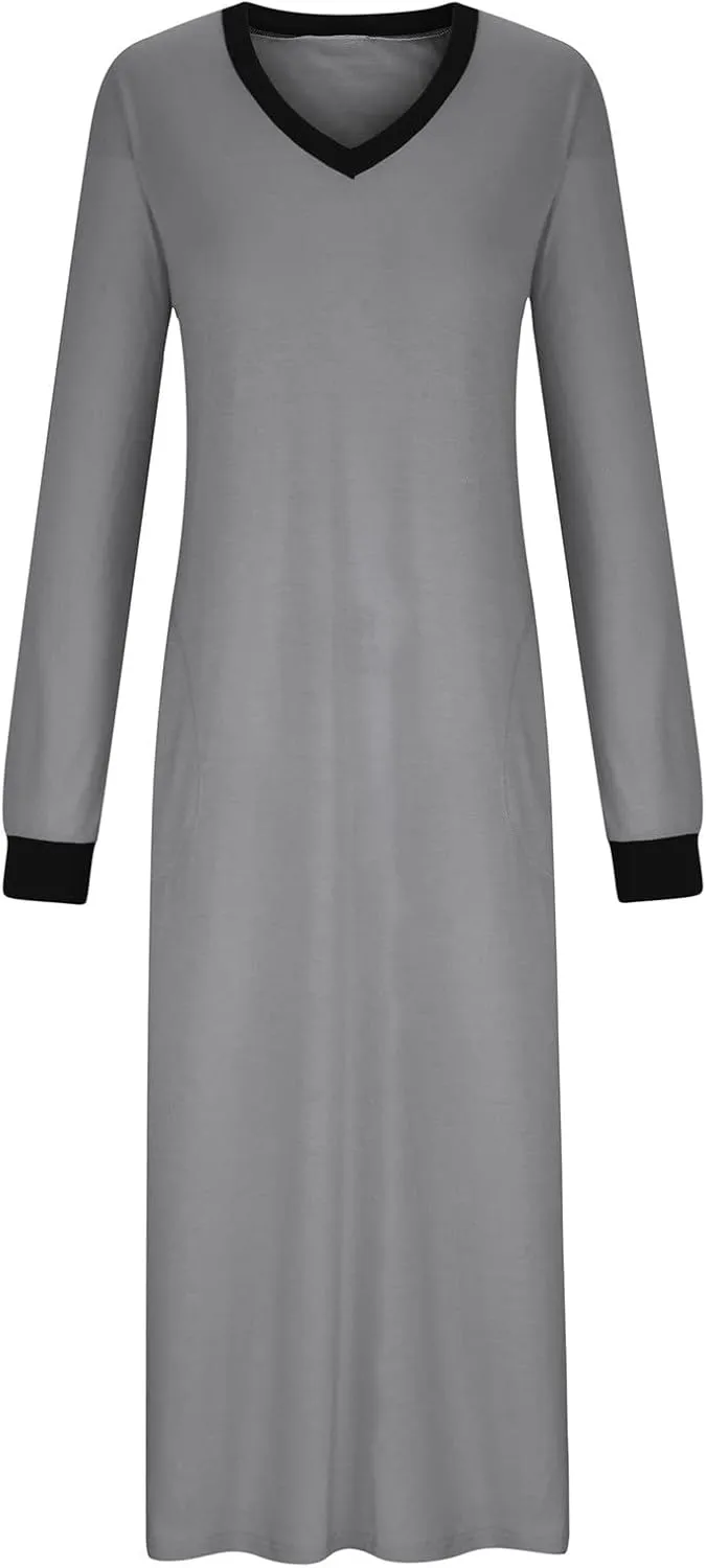 Dresses for Women Casual Loose Long Sleeve Side Slit Sleepwear Crewneck Outfits Color Block Long Dress with Pockets