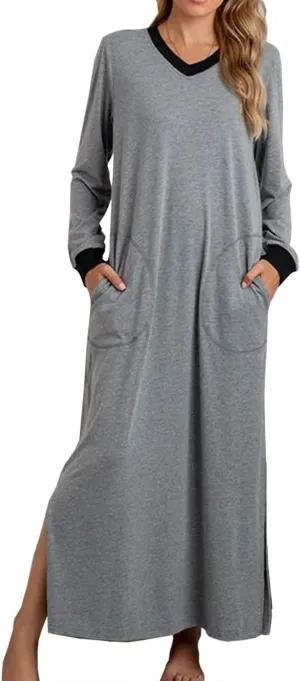 Dresses for Women Casual Loose Long Sleeve Side Slit Sleepwear Crewneck Outfits Color Block Long Dress with Pockets