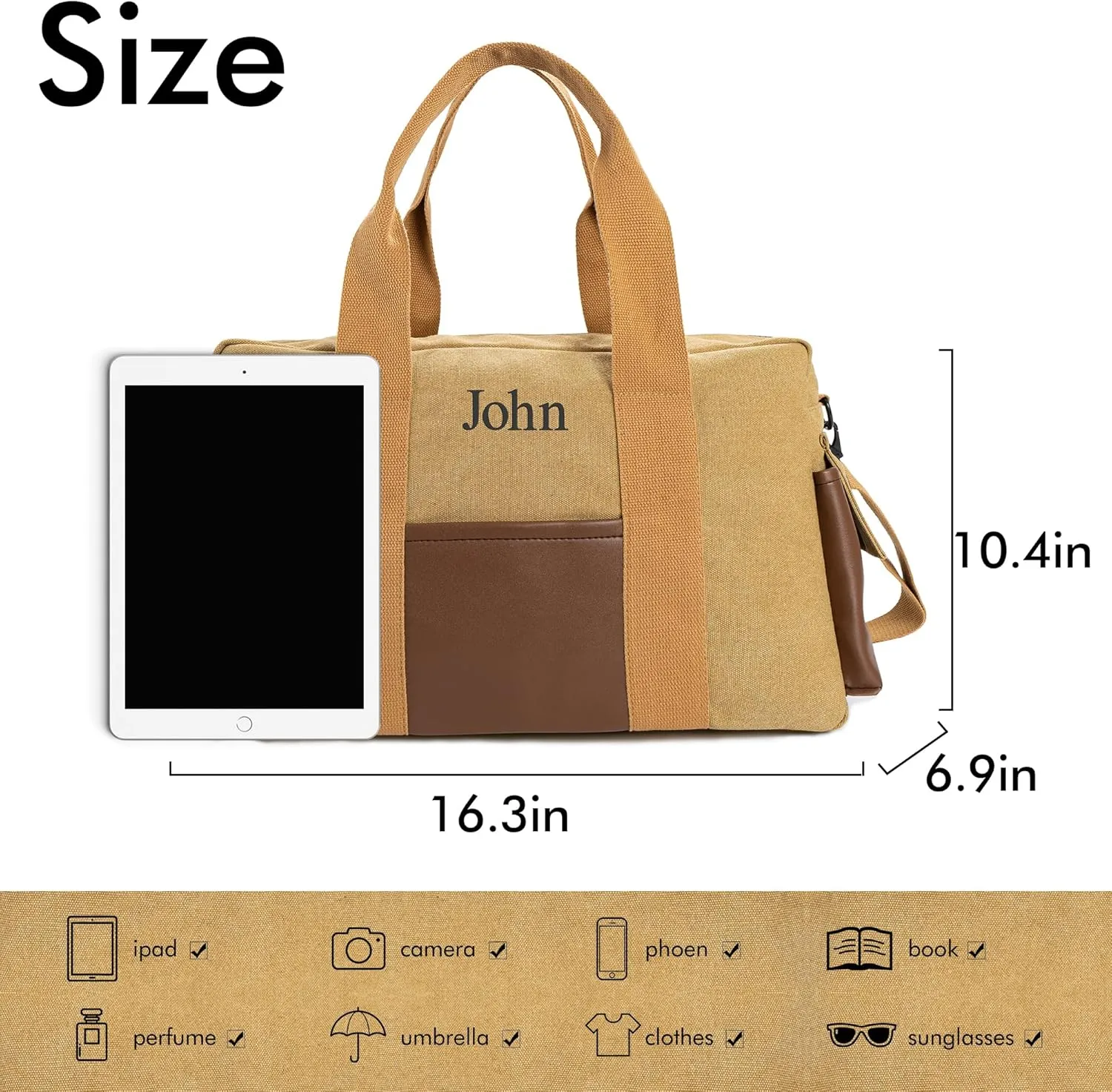 Duffle Bag for Men Personalized Overnight Bags with Name Weekender Bag with Leather Side Pocket Canvas Overnight Travel Bag Custom Groomsmen Gift for Wedding Travel Camping Moving (Brown)