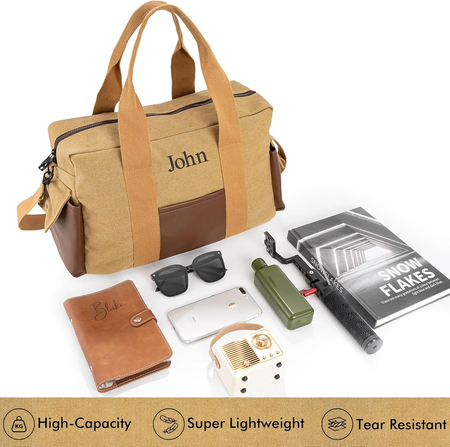 Duffle Bag for Men Personalized Overnight Bags with Name Weekender Bag with Leather Side Pocket Canvas Overnight Travel Bag Custom Groomsmen Gift for Wedding Travel Camping Moving (Brown)