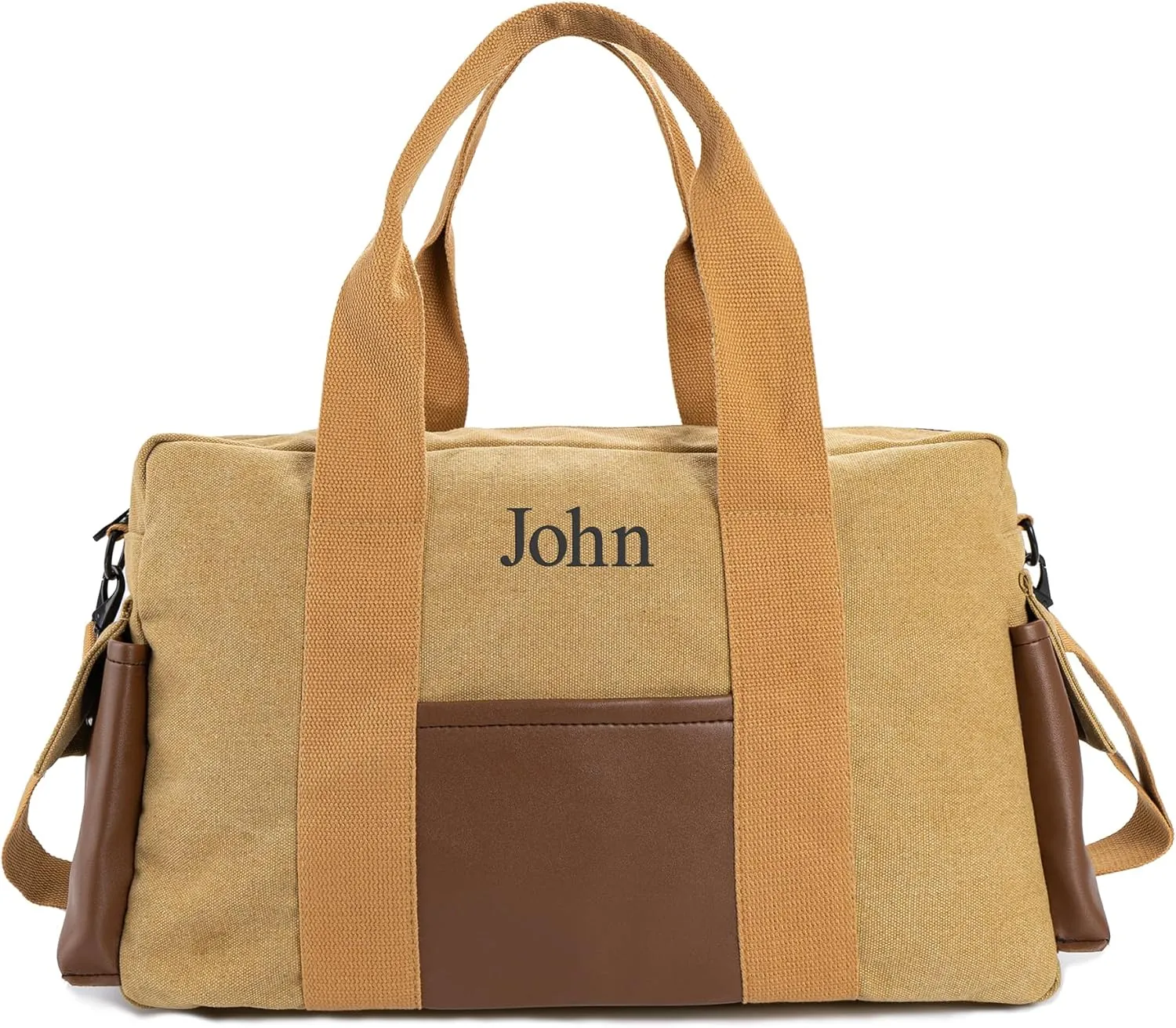 Duffle Bag for Men Personalized Overnight Bags with Name Weekender Bag with Leather Side Pocket Canvas Overnight Travel Bag Custom Groomsmen Gift for Wedding Travel Camping Moving (Brown)
