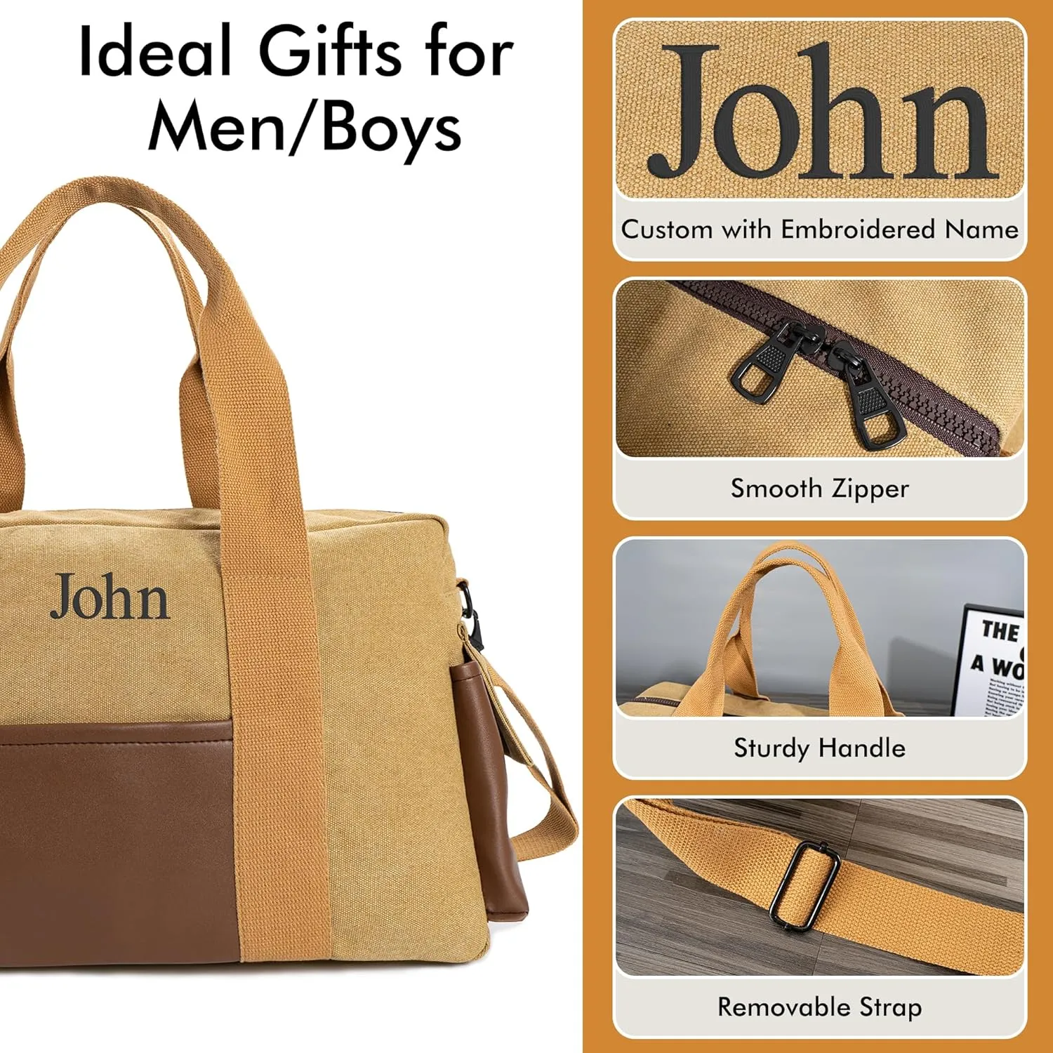 Duffle Bag for Men Personalized Overnight Bags with Name Weekender Bag with Leather Side Pocket Canvas Overnight Travel Bag Custom Groomsmen Gift for Wedding Travel Camping Moving (Brown)