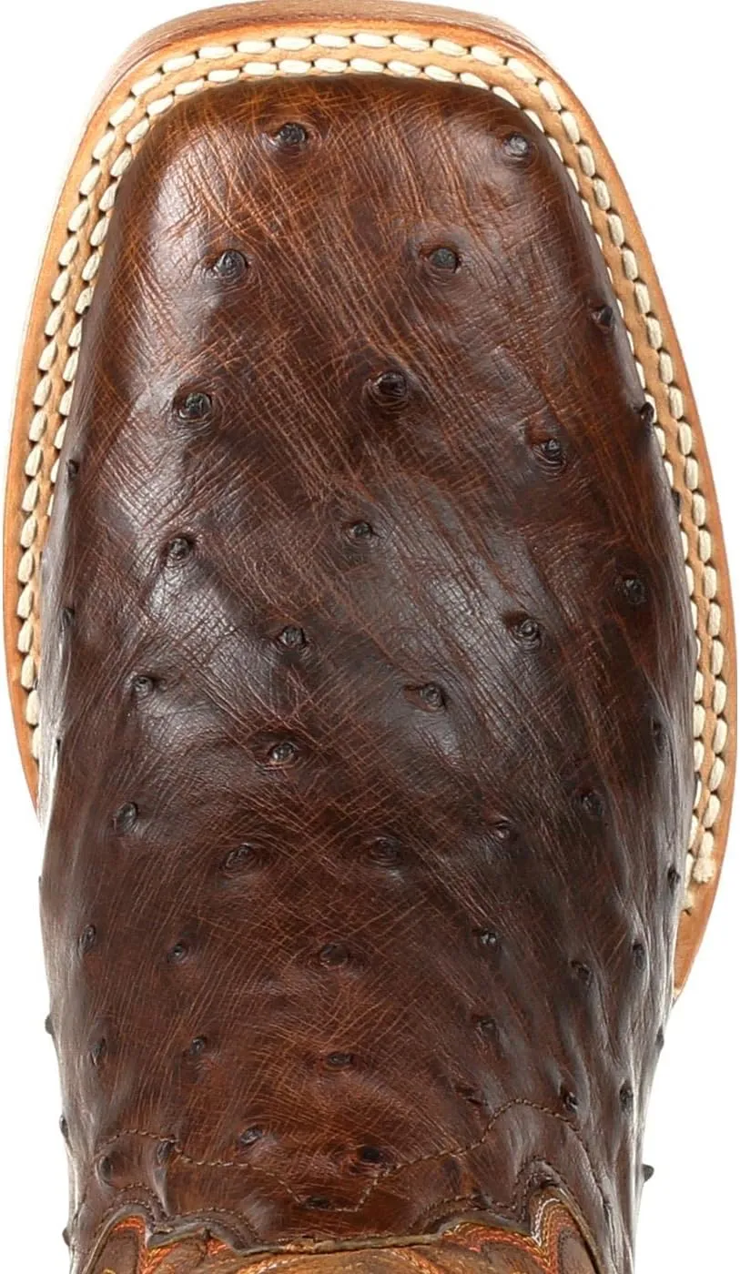 Durango Womens Premium Exotic Full Quill Ostrich Embroidered Square Toe Pull On Dress Boots Mid Calf Low Heel 1-2" - Brown
