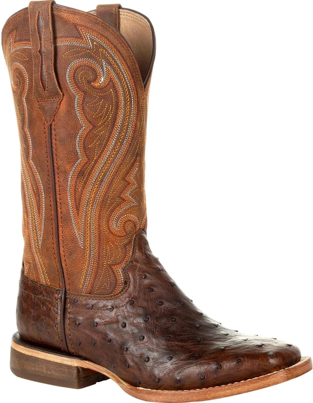 Durango Womens Premium Exotic Full Quill Ostrich Embroidered Square Toe Pull On Dress Boots Mid Calf Low Heel 1-2" - Brown