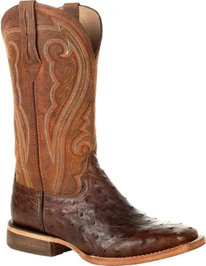 Durango Womens Premium Exotic Full Quill Ostrich Embroidered Square Toe Pull On Dress Boots Mid Calf Low Heel 1-2" - Brown