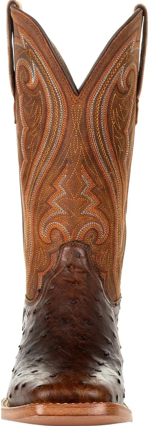 Durango Womens Premium Exotic Full Quill Ostrich Embroidered Square Toe Pull On Dress Boots Mid Calf Low Heel 1-2" - Brown