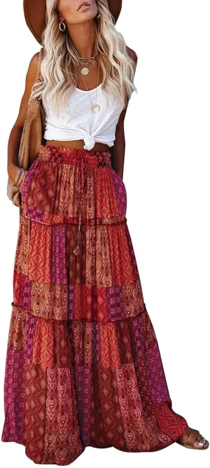 EARKOHA Womens Casual High Waist Tie Paisley Print Long Maxi Skirt with Pockets