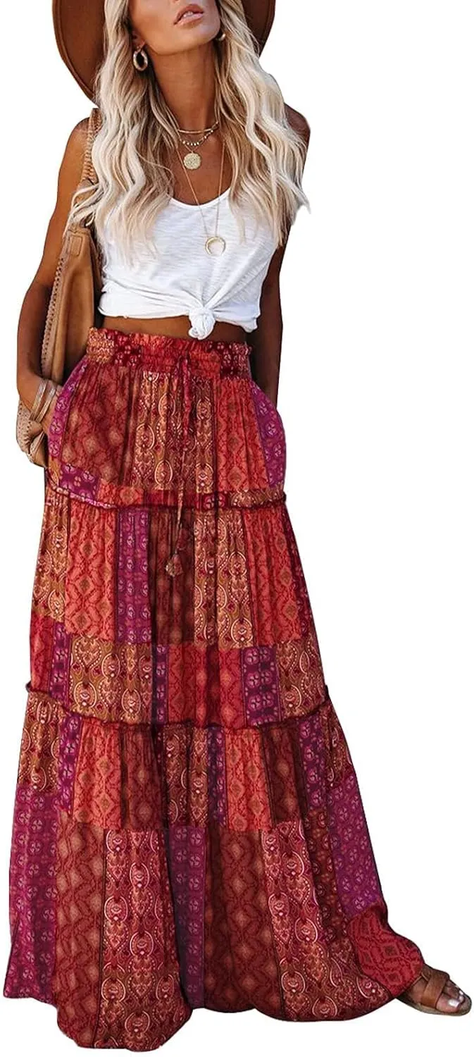 EARKOHA Womens Casual High Waist Tie Paisley Print Long Maxi Skirt with Pockets