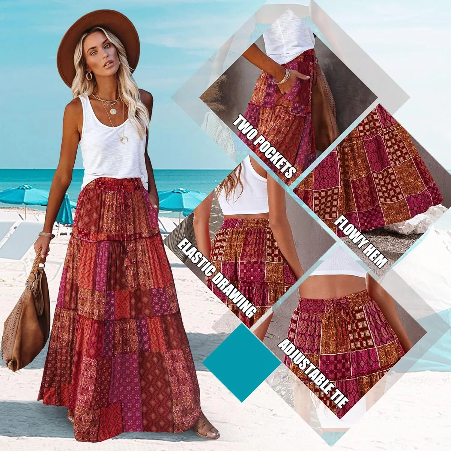 EARKOHA Womens Casual High Waist Tie Paisley Print Long Maxi Skirt with Pockets