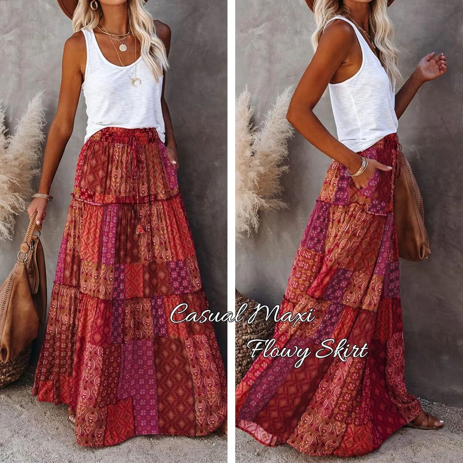 EARKOHA Womens Casual High Waist Tie Paisley Print Long Maxi Skirt with Pockets