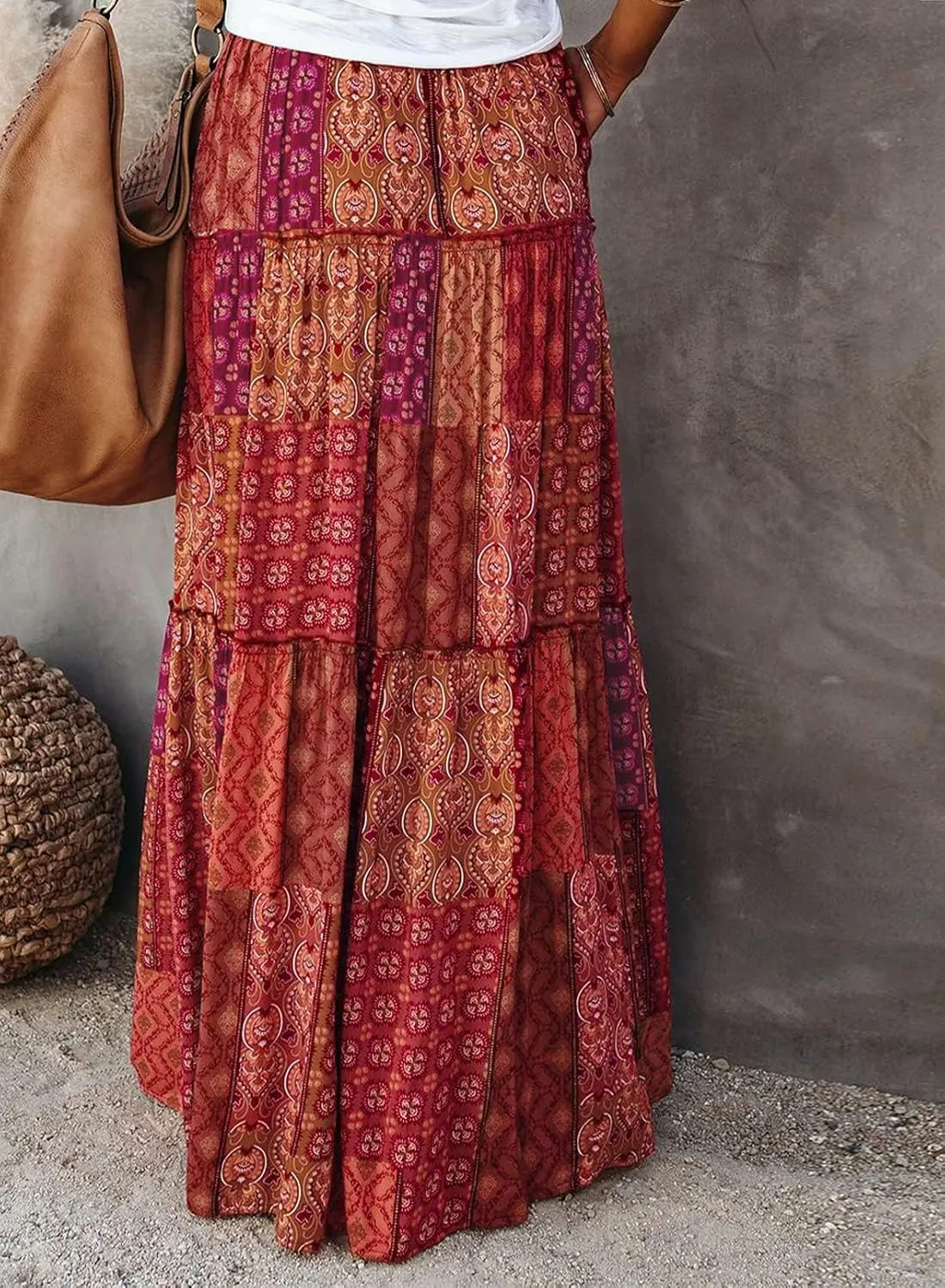 EARKOHA Womens Casual High Waist Tie Paisley Print Long Maxi Skirt with Pockets