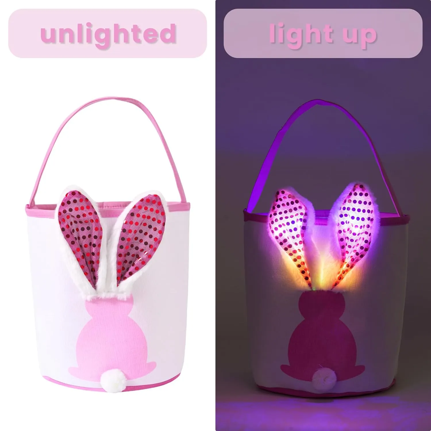 Easter Bunny Baskets Empty with Lights, Large Easter Egg Hunt Baskets for Kids, Canvas Easter Basket Candy Tote Bags with Handles, Easter Decorations Party Supplies (Blue Pink Green)