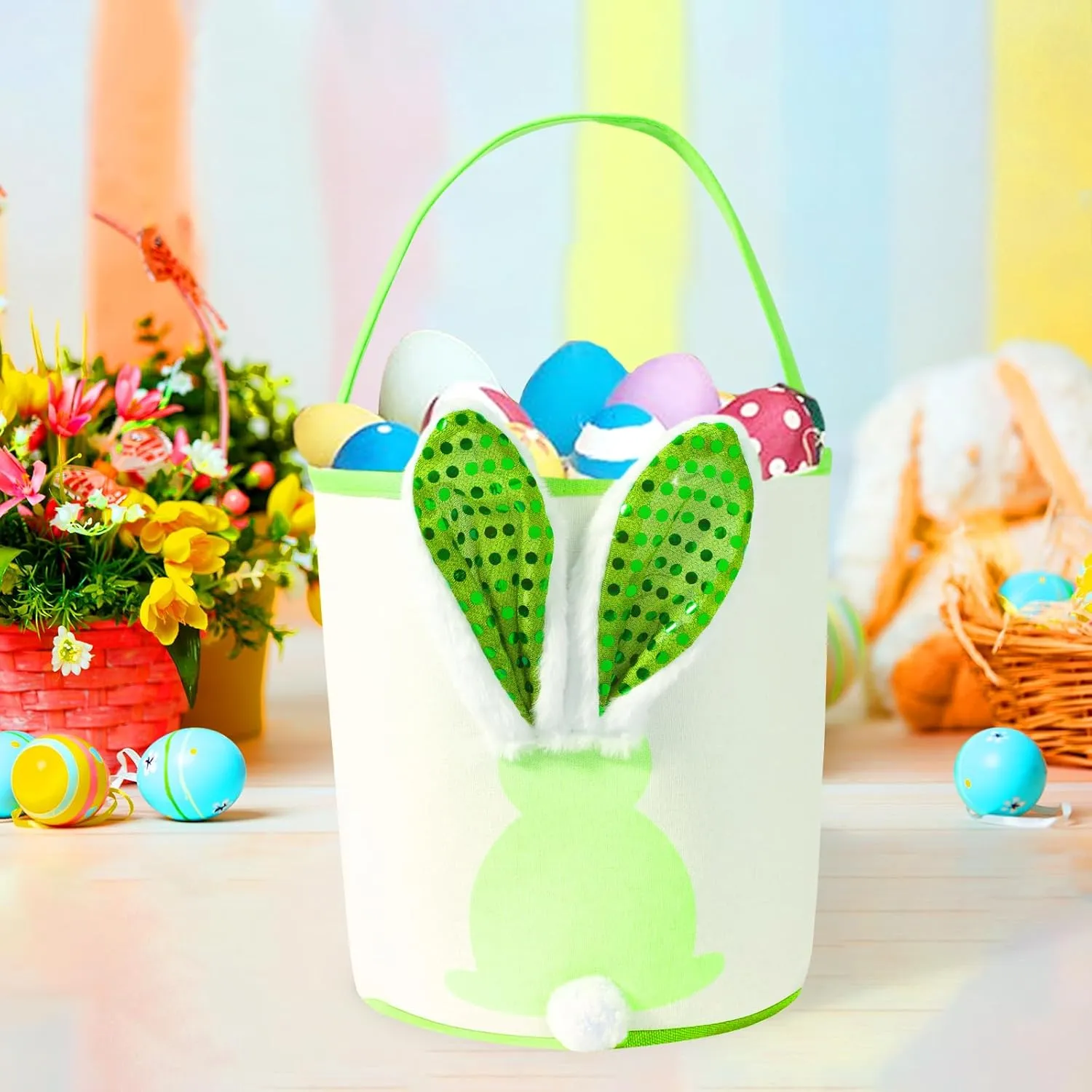 Easter Bunny Baskets Empty with Lights, Large Easter Egg Hunt Baskets for Kids, Canvas Easter Basket Candy Tote Bags with Handles, Easter Decorations Party Supplies (Blue Pink Green)