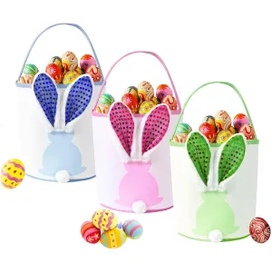 Easter Bunny Baskets Empty with Lights, Large Easter Egg Hunt Baskets for Kids, Canvas Easter Basket Candy Tote Bags with Handles, Easter Decorations Party Supplies (Blue Pink Green)