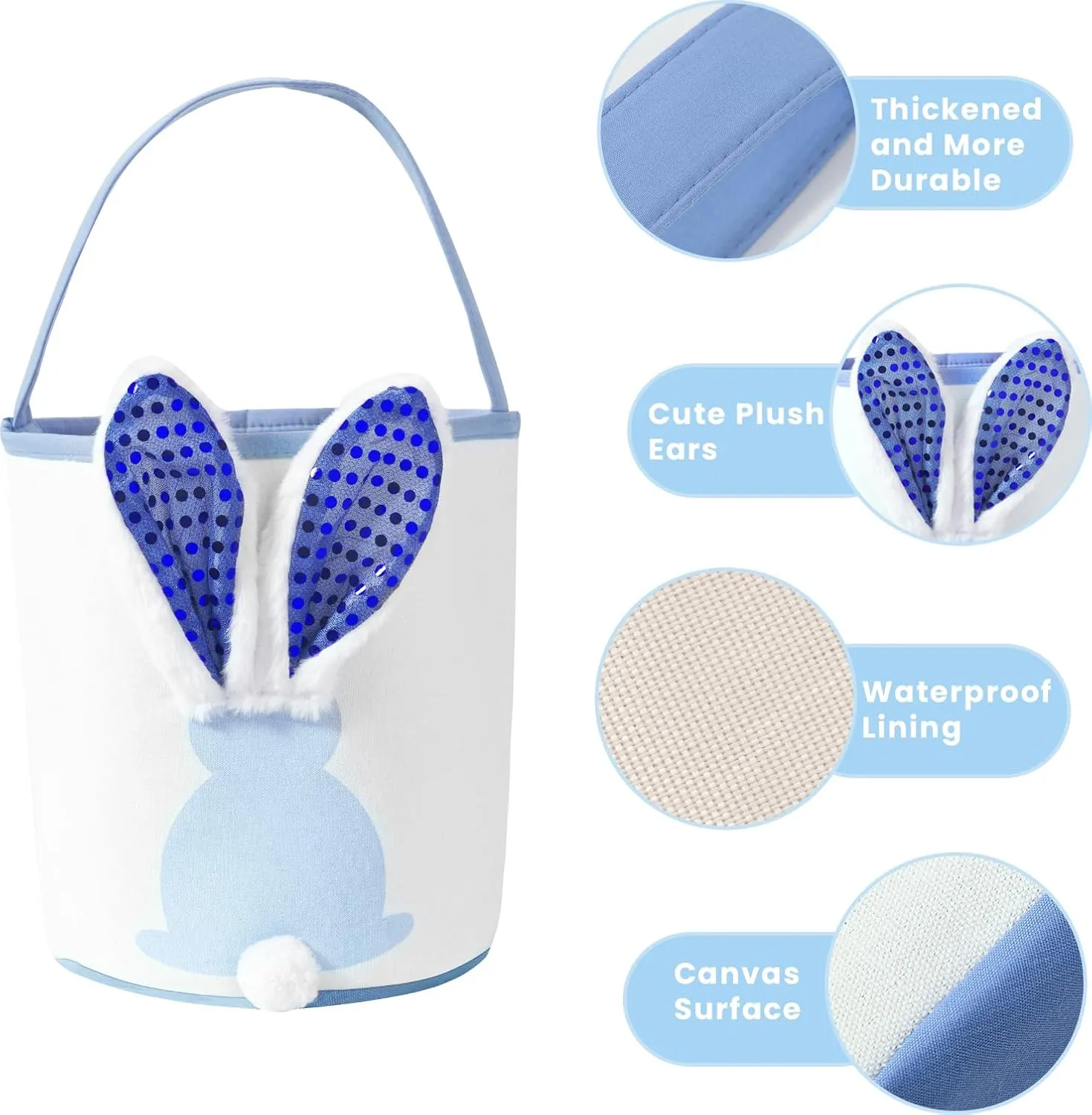 Easter Bunny Baskets Empty with Lights, Large Easter Egg Hunt Baskets for Kids, Canvas Easter Basket Candy Tote Bags with Handles, Easter Decorations Party Supplies (Blue Pink Green)